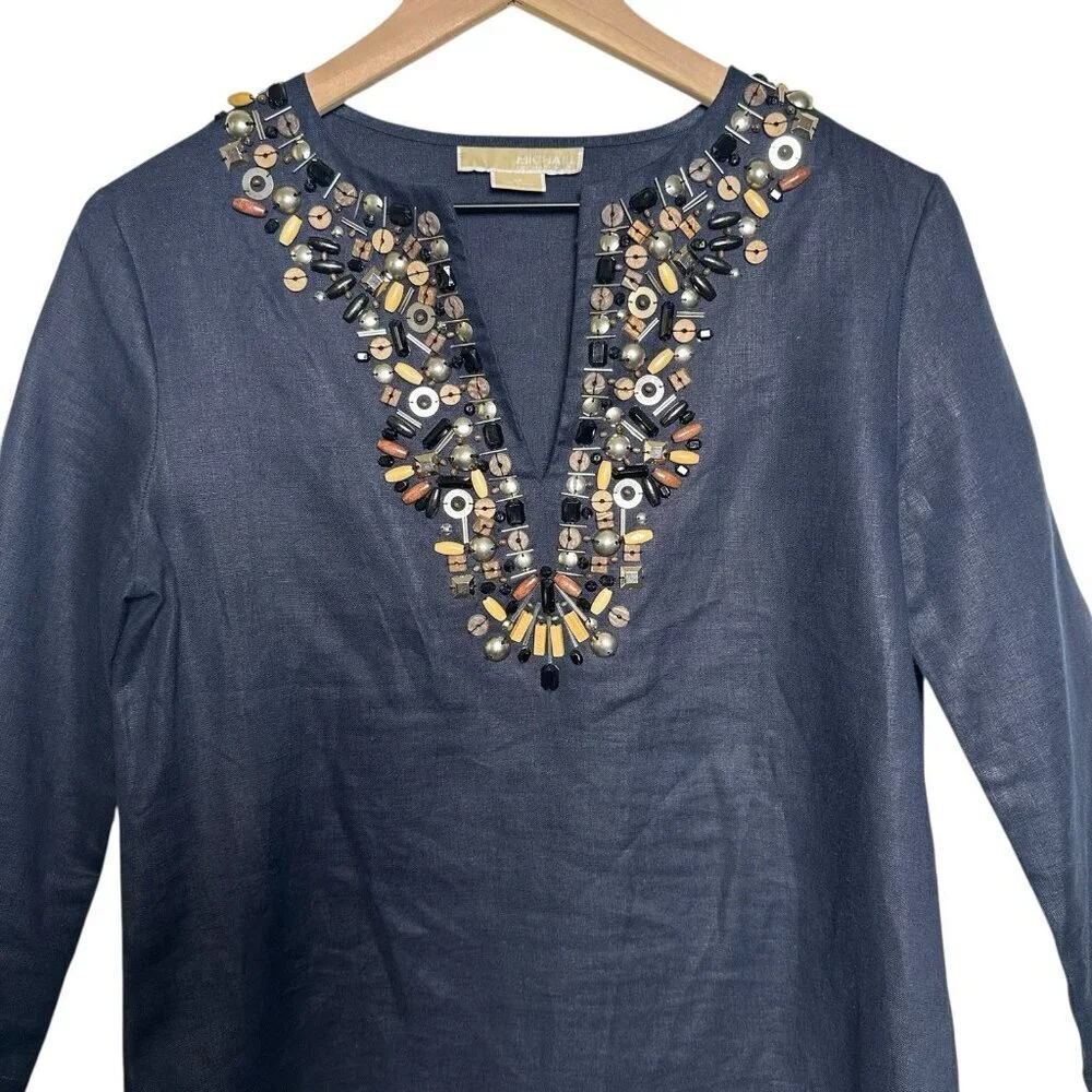 Michael Kors Small Navy 100% Linen Tunic Shirt Embellished Top 3/4 Sleeve Office - Picture 2 of 10